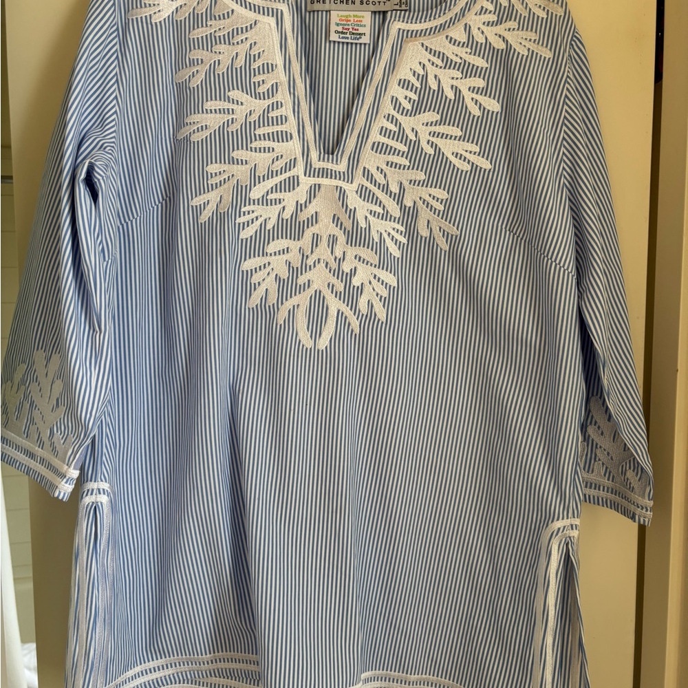 Gretchen Scott Designs blue and white Pinstripe Tunic-the Reef - Picture 2 of 4